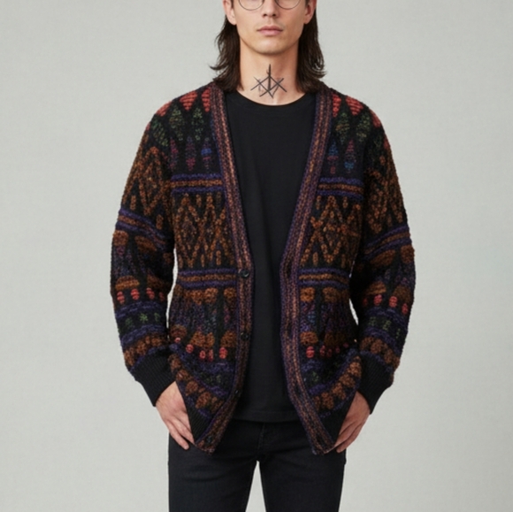 Vintage 90s Textured 3D Knit Bright Abstract V-Neck Cardigan Sweater Size Medium - Picture 1 of 11